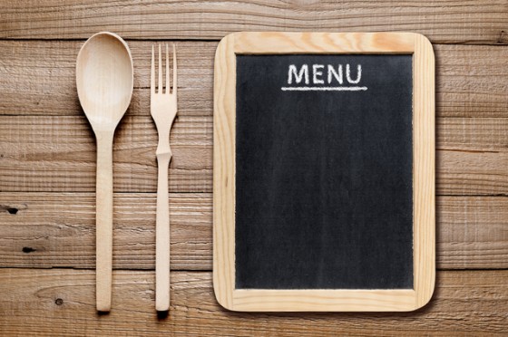 Menu blackboard and wooden fork and spoon